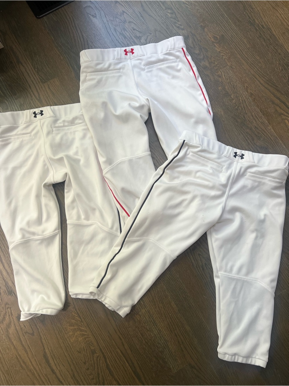 3 Under Armour YXL White Baseball Pants- 1 Red & 2 Black Piping